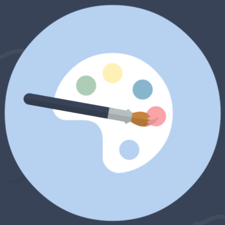 Farbpalette mit verschiedenen Farben und einem Pinsel.