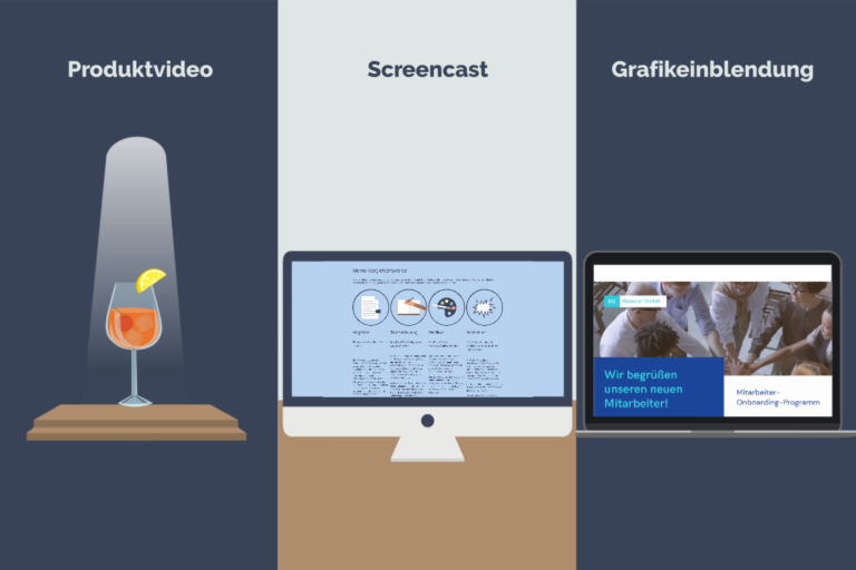 Produktvideo, Screencast und Grafikeinblendungen. Cocktail , Computer mit Screenshot, Webseite mit grafischer Gestaltung.